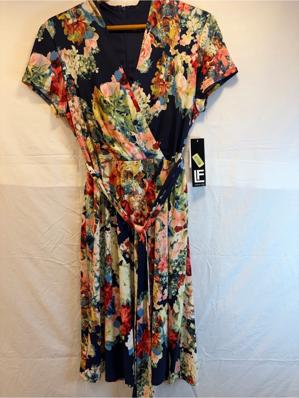 Leslie Fay Navy Floral Wrap Midi Dress